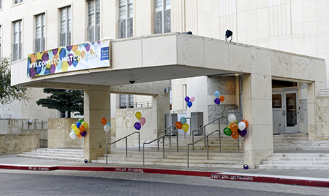 The front entrance of Baylor, decorated with Match Day banners and balloons