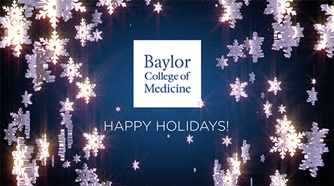 An image with shiny snowflakes, the Baylor College of Medicine logo and the words "Happy Holidays"