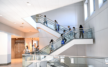 Members of the Baylor community walking up a set of stairs in the area of the Debakey Museum. The stairs are viewed from the side and have clear sides, so you can see everyone as they go up or down.