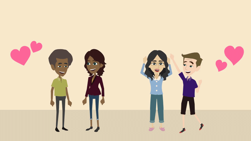 An animated image of four parents celebrating