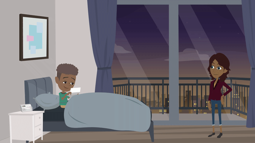 An animated Neil and his mother using coping cards