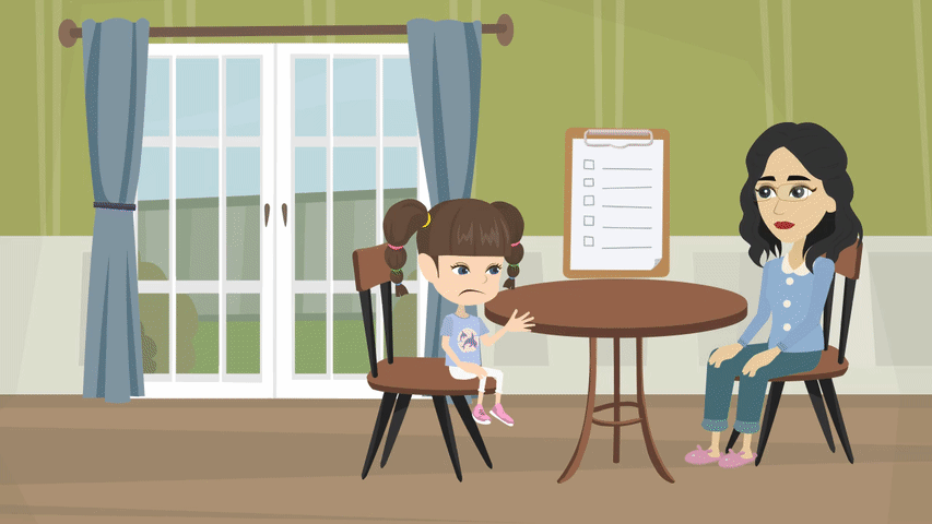 An animated Sally giving a presentation about Saturn in front of her classroom