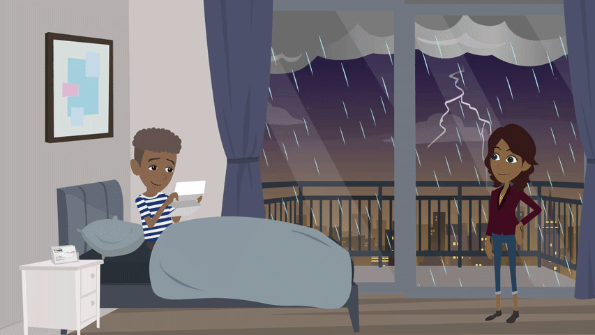 Teen Neil looking at his coping cards with his mother during a storm