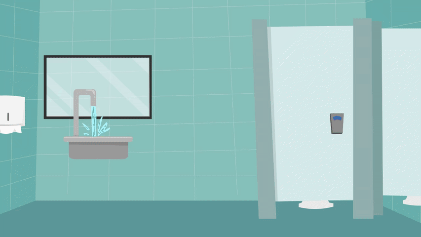 A teen Sally acting scared of germs in a bathroom