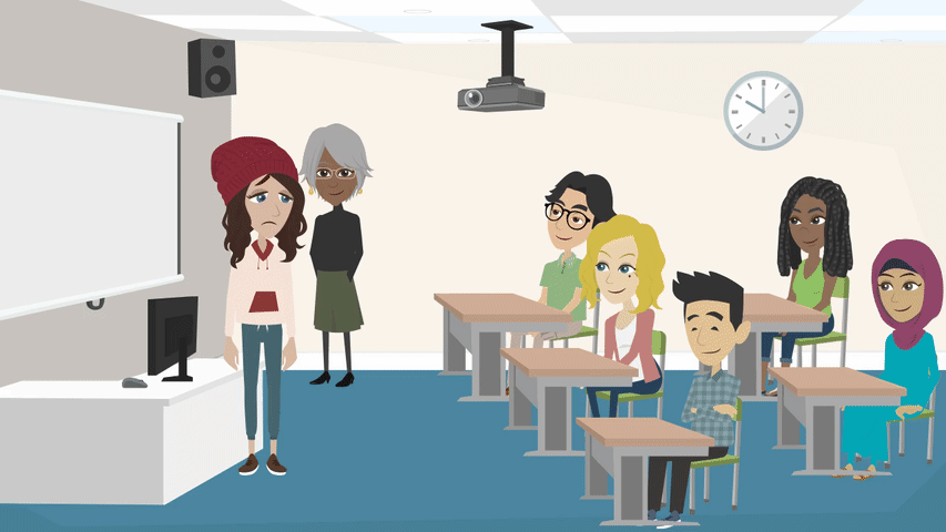 Teen Sally, with an anxious expression, speaking in front of her class