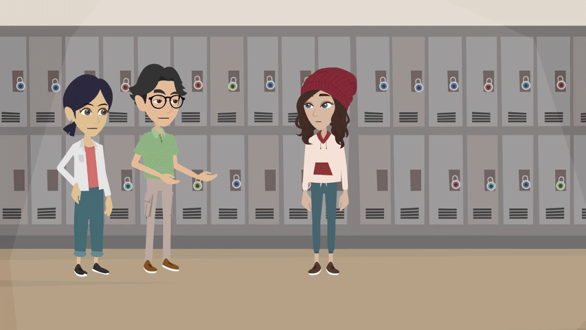 Teen Sally in a hallway talking to two friends