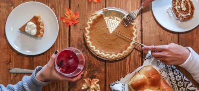 A spread of Thanksgiving food and drink.