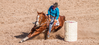A person riding on a horse in a race, taking a hard turn around a barrel.