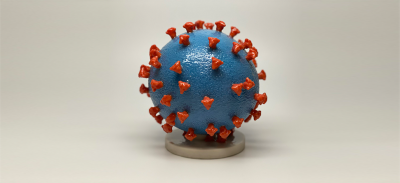 A 3D print of a SARS-CoV-2 - also known as 2019-nCoV, the virus that causes COVID-19-virus particle.