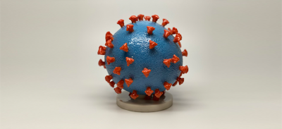 A 3D print of a SARS-CoV-2 - also known as 2019-nCoV, the virus that causes COVID-19-virus particle.