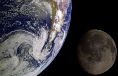 During its flight, NASA’s Galileo spacecraft returned images of the Earth and Moon. Separate images of the Earth and Moon were combined to generate this view.