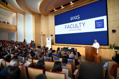 Photo of the faculty awards audience and speaker