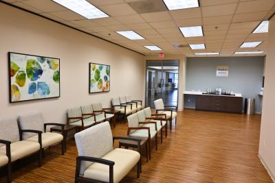 The image shows the new waiting area at the Baylor Medicine Orthopedics and Sports Medicine clinic in Sugar Land. 