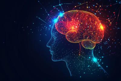 A drawing of a person's silhouette showing brain activity represented by sparks of light and lines. 