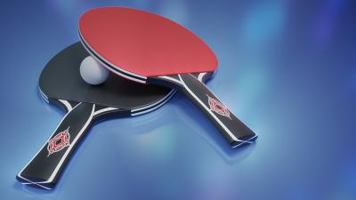Photo of a ping pong paddle laying on top of a ping pong ball.