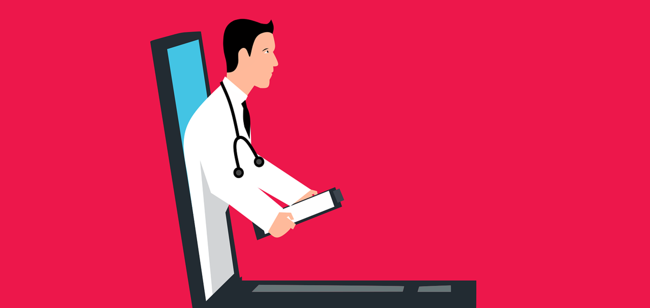 Drawing of a doctor stepping out of a laptop screen to represent AI diagnosis