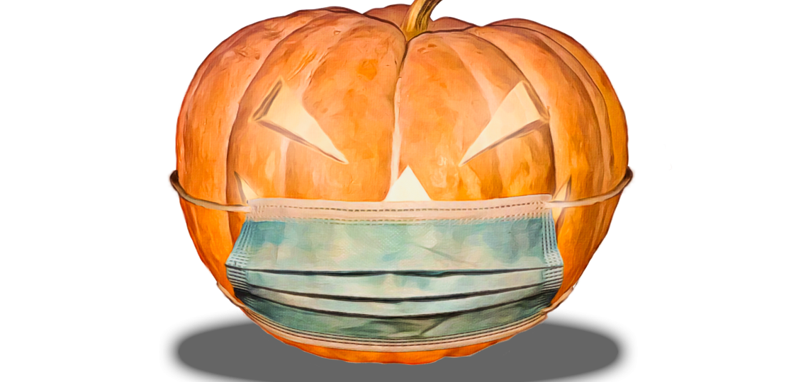 A drawing of a jack-o'-lantern wearing a medical face mask