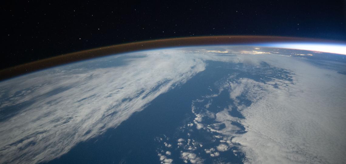 Photo taken from the ISS of Earth's horizon during an orbital sunset near California.