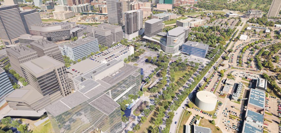 Several tall buildings seen from above.