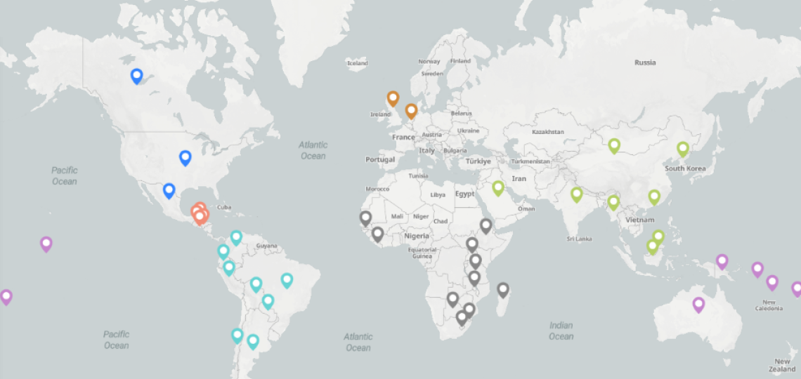 A map of the world with pins indicating locations Baylor Global Health has work in