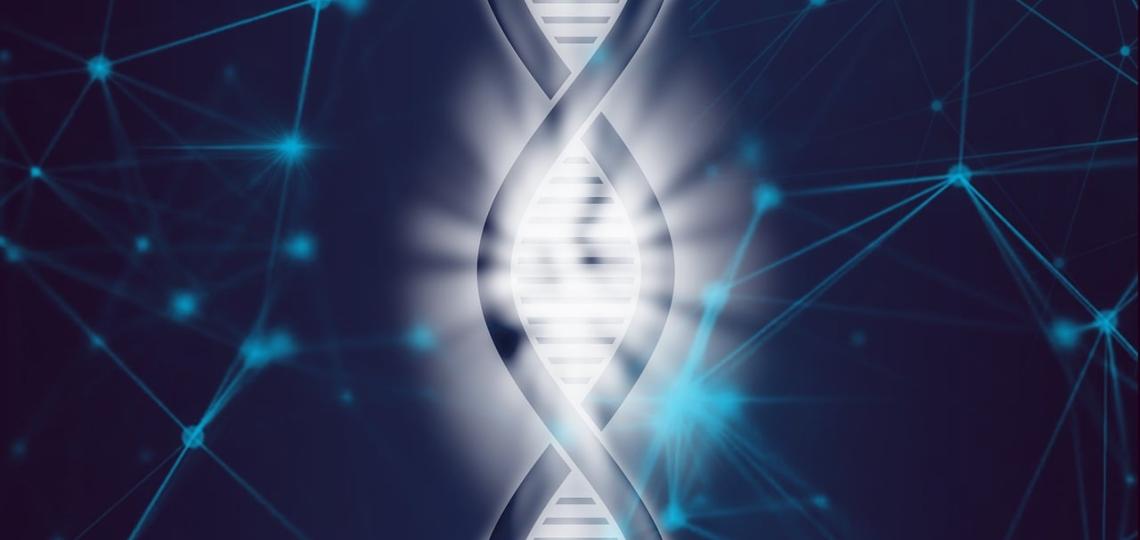 Artist rendition of a double helix glowing white light on a dark blue background