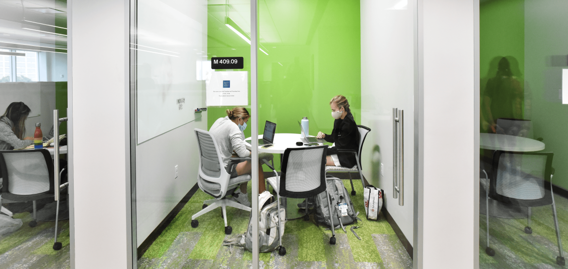 Two students studying together inside a semi-private room.