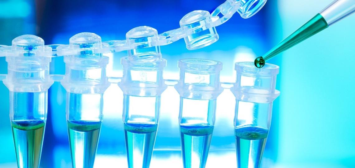 Photo of test tubes with blue liquid to represent basic science work