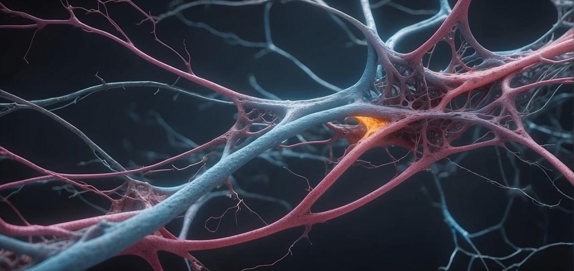 Artists rendition of a neurons in red and blue indicating the introduction of a therapeutic to the brain. 