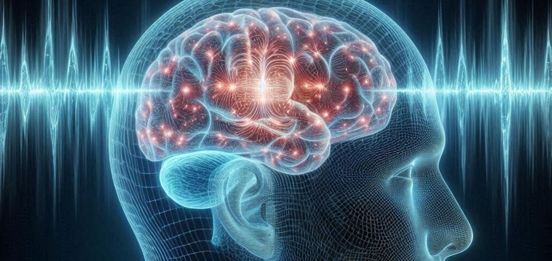 Drawing of a translucent head showing the brain with brainwaves across the entire image.