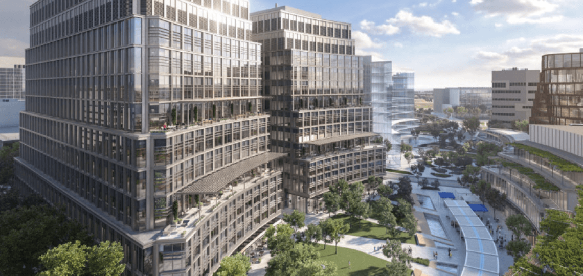 An artist rendering of a modern, state-of-the-art building