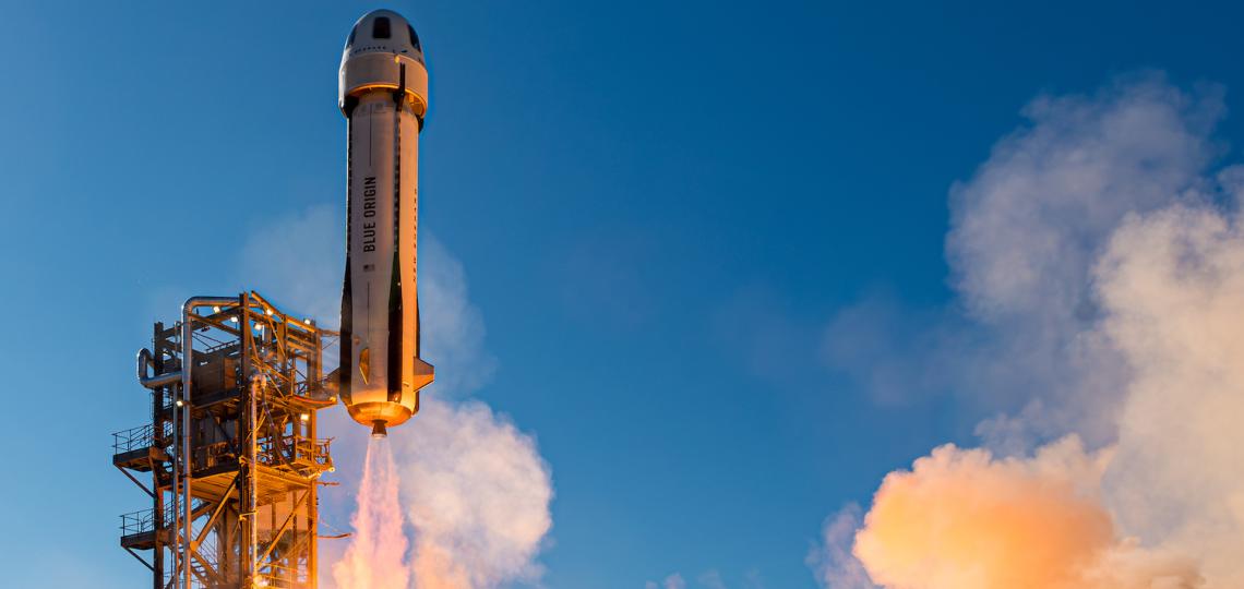 Caption: New Shepard lifts off from Launch Site One during NS-27. (October 23, 2024)