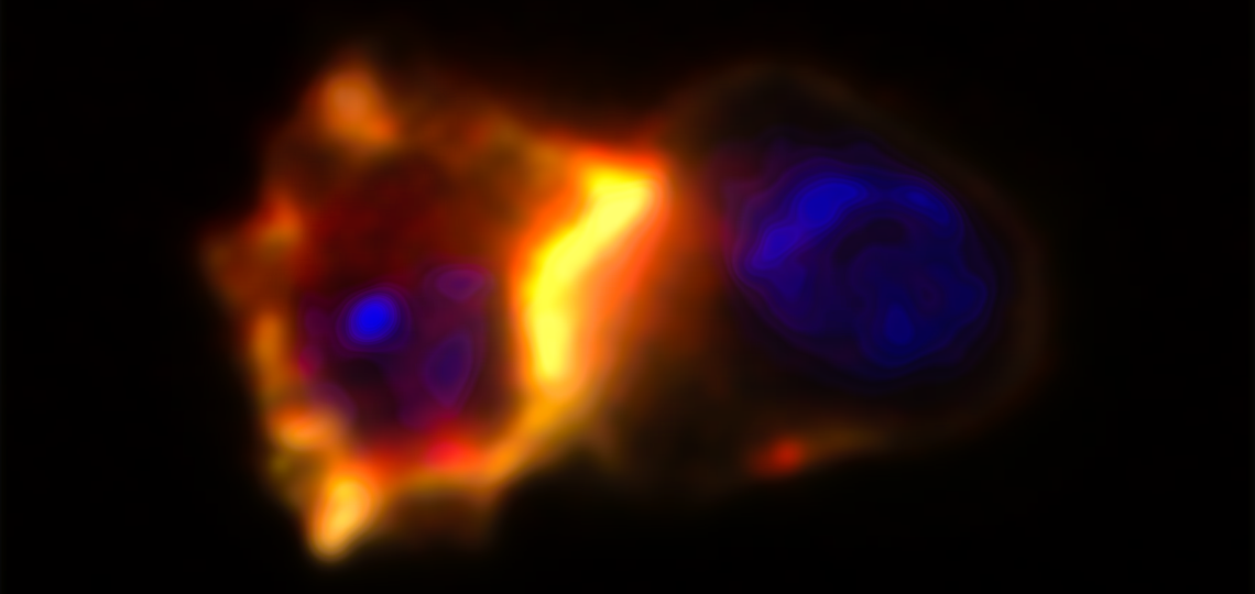 A CAR T cell (left) recruits membrane lipid rafts (yellow/red) to the immune synapse formed with a glioblastoma brain cancer cell (right)