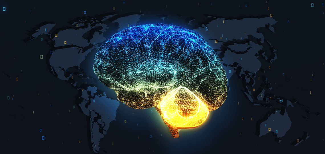 Graphic illustration of a brightly-lit human brain with a map of the world below it