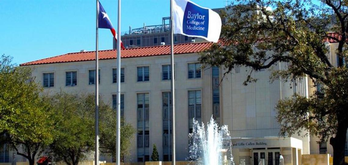front of baylor college of medicine building with two flags