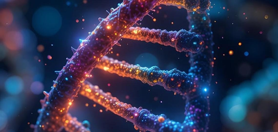 Drawing of DNA with colorful sparkles throughout to represent how psychodelics could be linked to antiaging properties. 