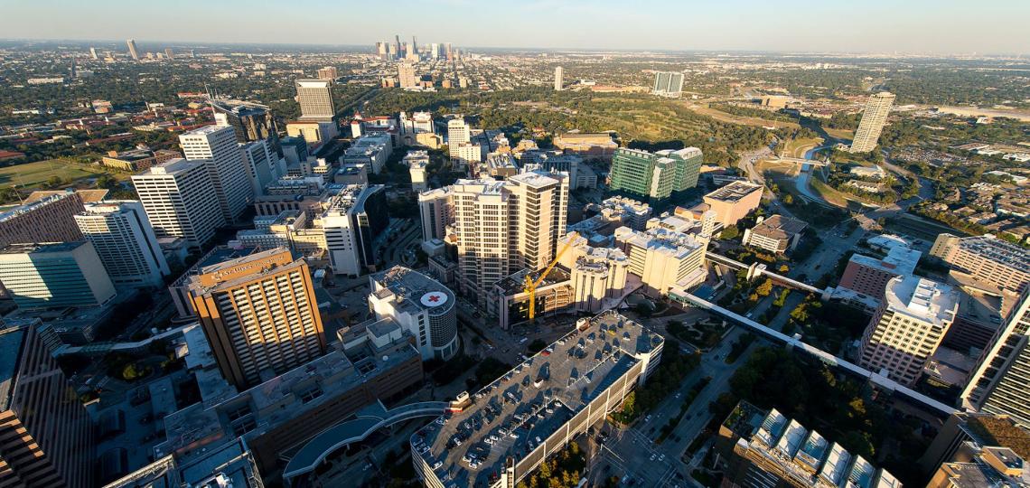 The many towering buildings of The Texas Medical Center, as seen from aircraft.