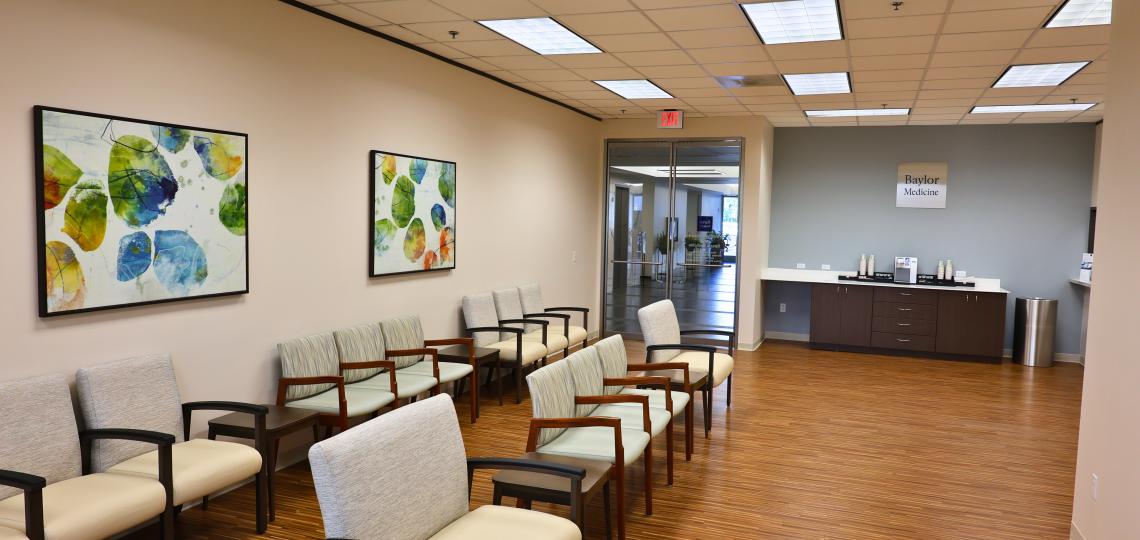 The image shows the new waiting area at the Baylor Medicine Orthopedics and Sports Medicine clinic in Sugar Land. 
