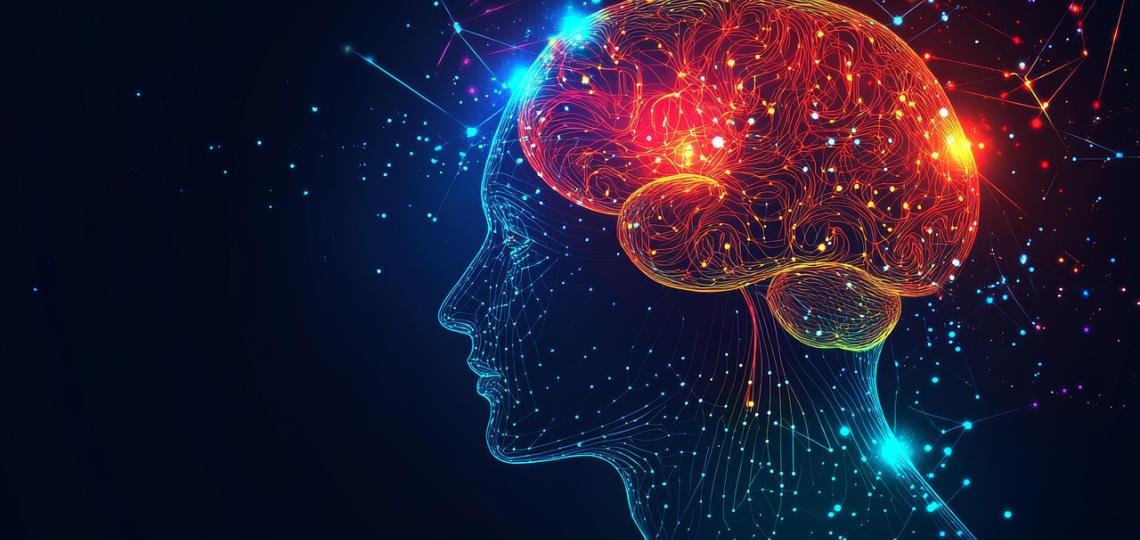 A drawing of a person's silhouette showing brain activity represented by sparks of light and lines. 