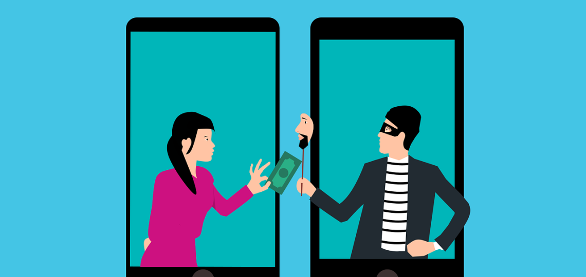 A cartoon of a woman handing money to a man wearing a mask to represent online scams. 
