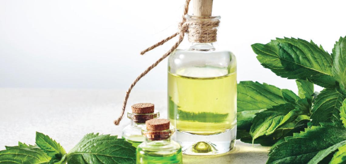 A bottle filled with a light green liquid surrounded by peppermint leaves.