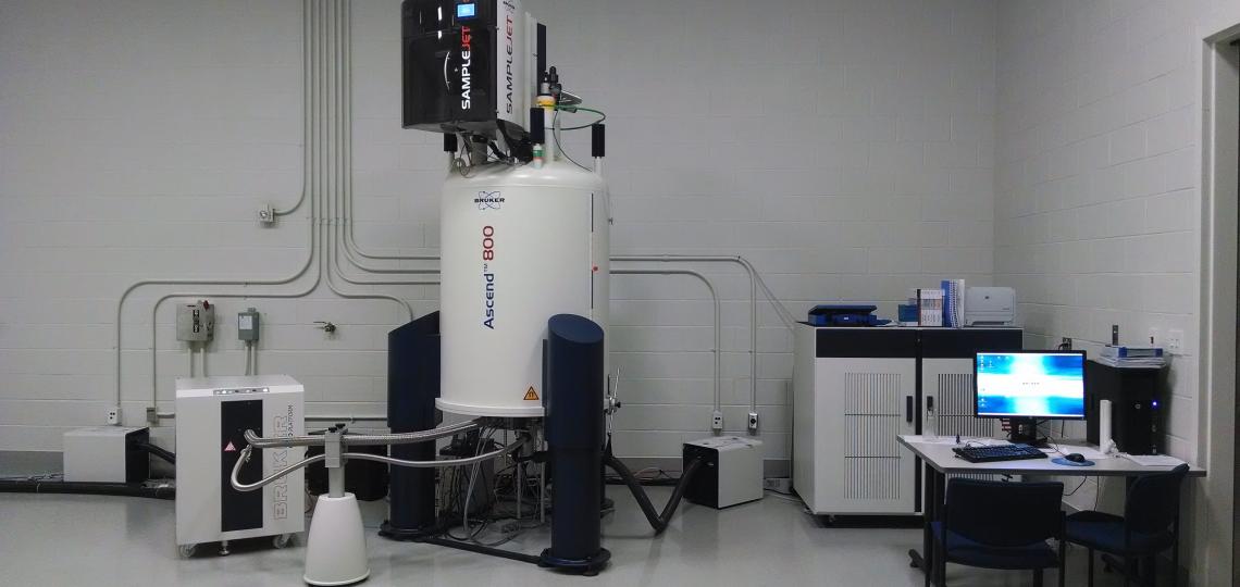 The Avance III HD 800 MHz spectrometer operates three RF channels plus deuterium using a quadruple resonance inverse detection QCI CryoProbeTM.