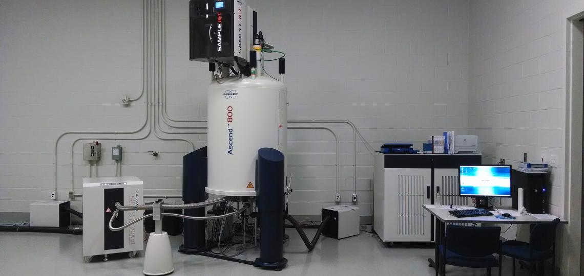 The Avance III HD 800 MHz spectrometer operates three RF channels plus deuterium using a quadruple resonance inverse detection QCI CryoProbeTM.