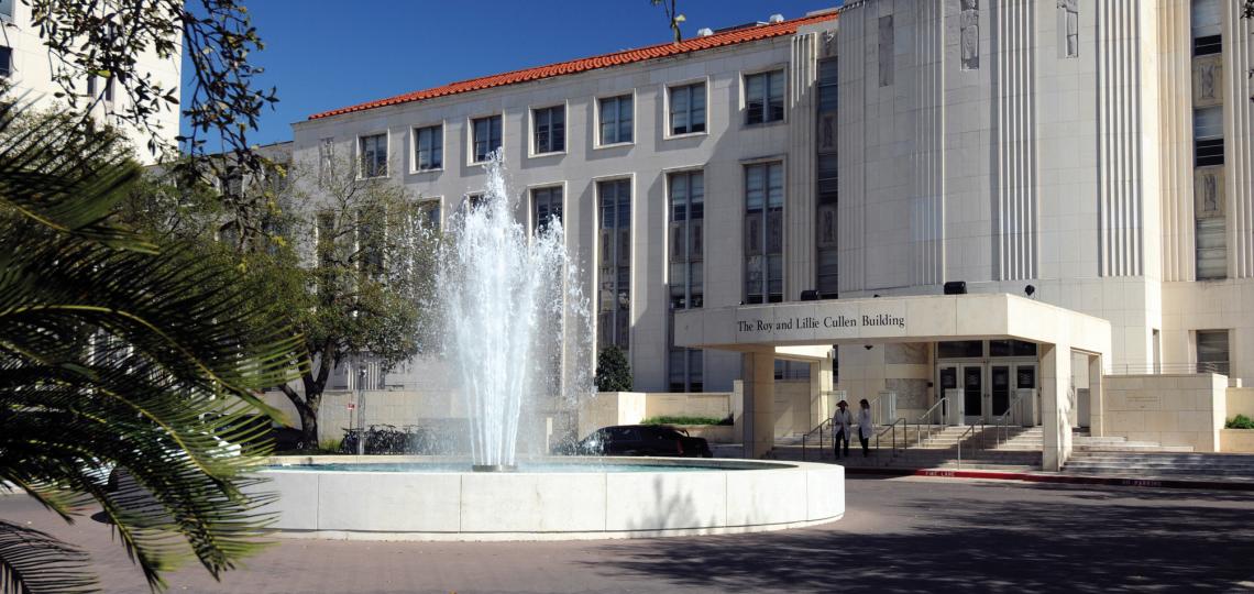 The Roy and Lillie Cullen Building, with the Alkek Fountain at the entrance.