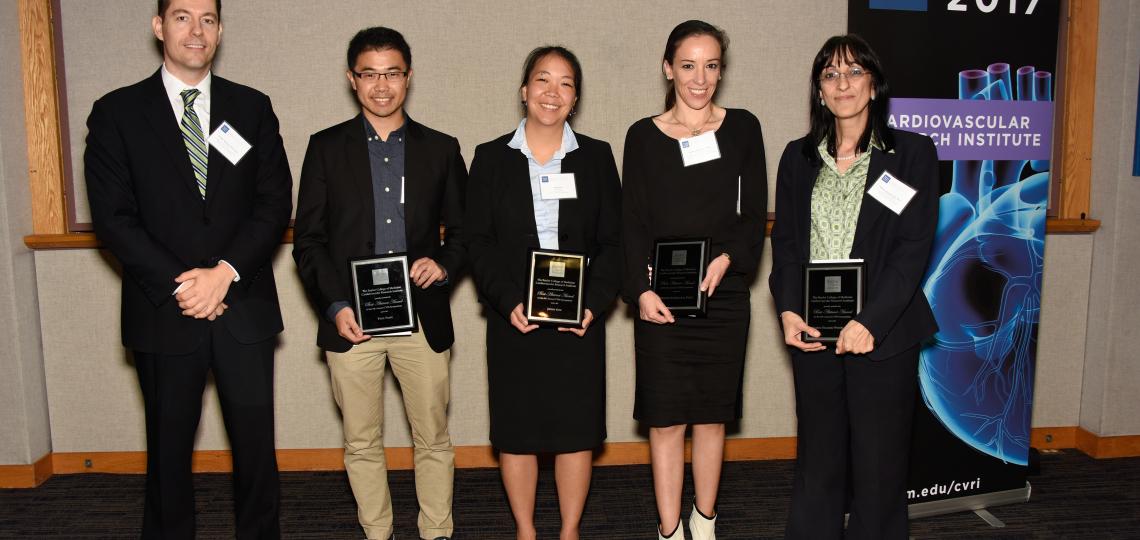 Best Abstract Winners 2017 (From left to right): Xander Wehrens (CVRI Director), Paul Pang, Jenny Sun, Jennifer Karmouch, and Biykem Bozkurt (CVRI Associate Director). Not pictured: Alexis "Lekki" Frazier-Wood.