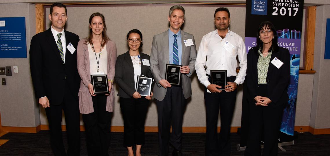 Best Poster Winners 2017 (From left to right): Xander Wehrens (CVRI Director), Ann Quick, Nanbing Li, Andrew Landstrom, Vivek Singh, and Biykem Bozkurt (CVRI Associate Director).