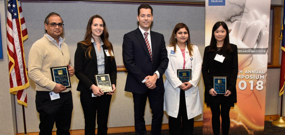 Winners of Best Abstract from CVRI 2018 Symposium pose for a photo from left: Sunil Verma, Katherina Alsina, CVRI Director Xander Wehrens, Anum Saeed and Pingping Ren.