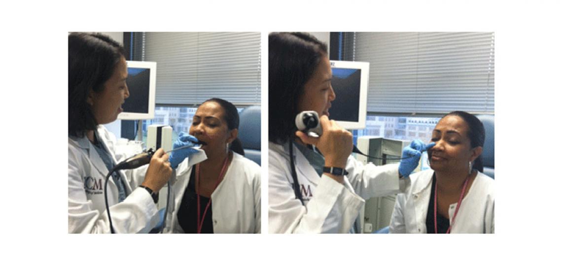 Left photo: The rigid scope is inserted into the mouth to visualize the larynx (voice box). Right photo: The flexible fiber optic scope is inserted into the nose and into the throat.