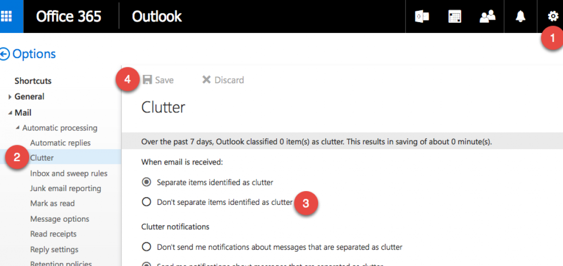 Once logged into webmail, you can turn Clutter off by following four simple steps.