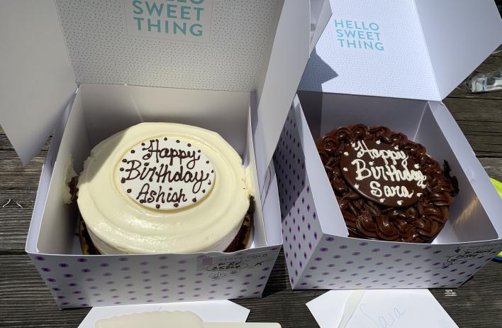 B-day cakes for Sara and Ashish! Overlapping birthdays means two cakes.