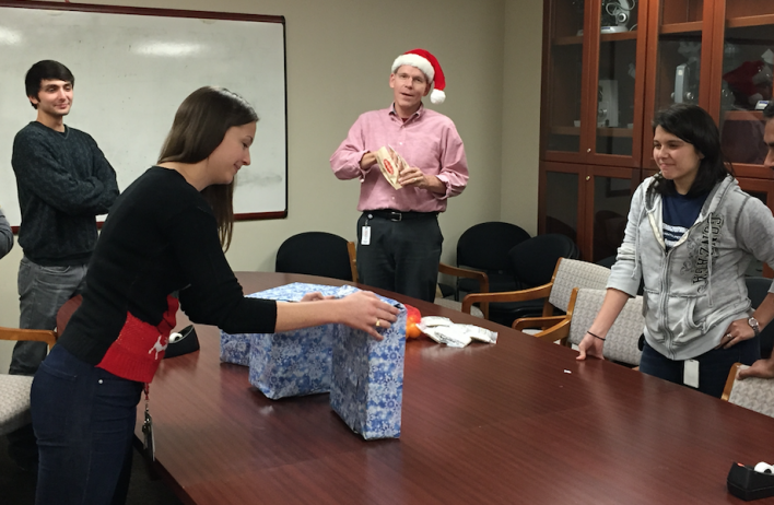 Setting up for the lab 2014 holiday white elephant party.